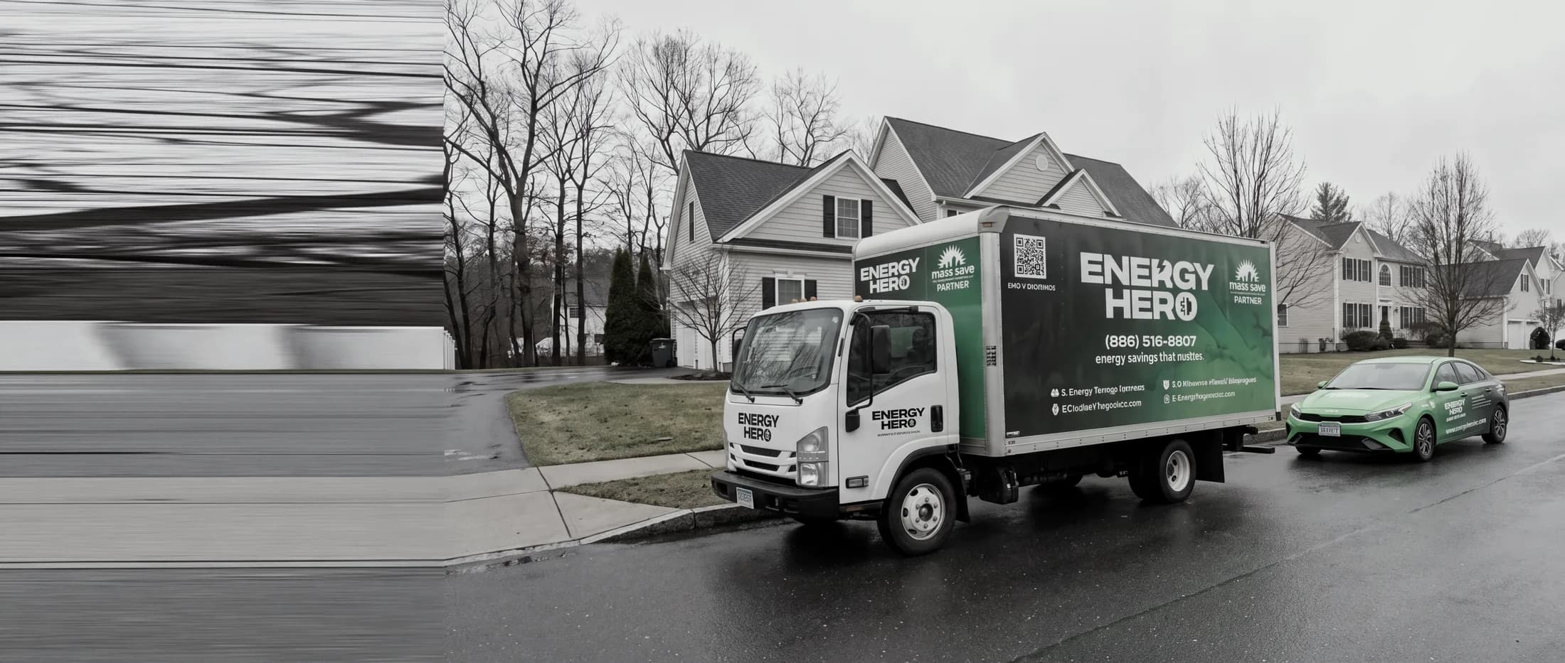 Energy Hero branded car and box truck outside a Massachusetts home